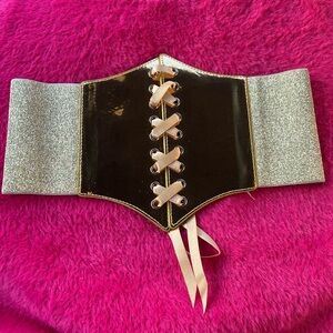 Gold and Silver Metallic Waist Belt with Lace-Up Design